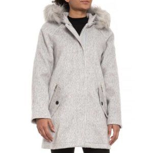 NWT G.H. Bass & Co. Heather  Gray Faux Fur Trim Wool Blend Coat Large